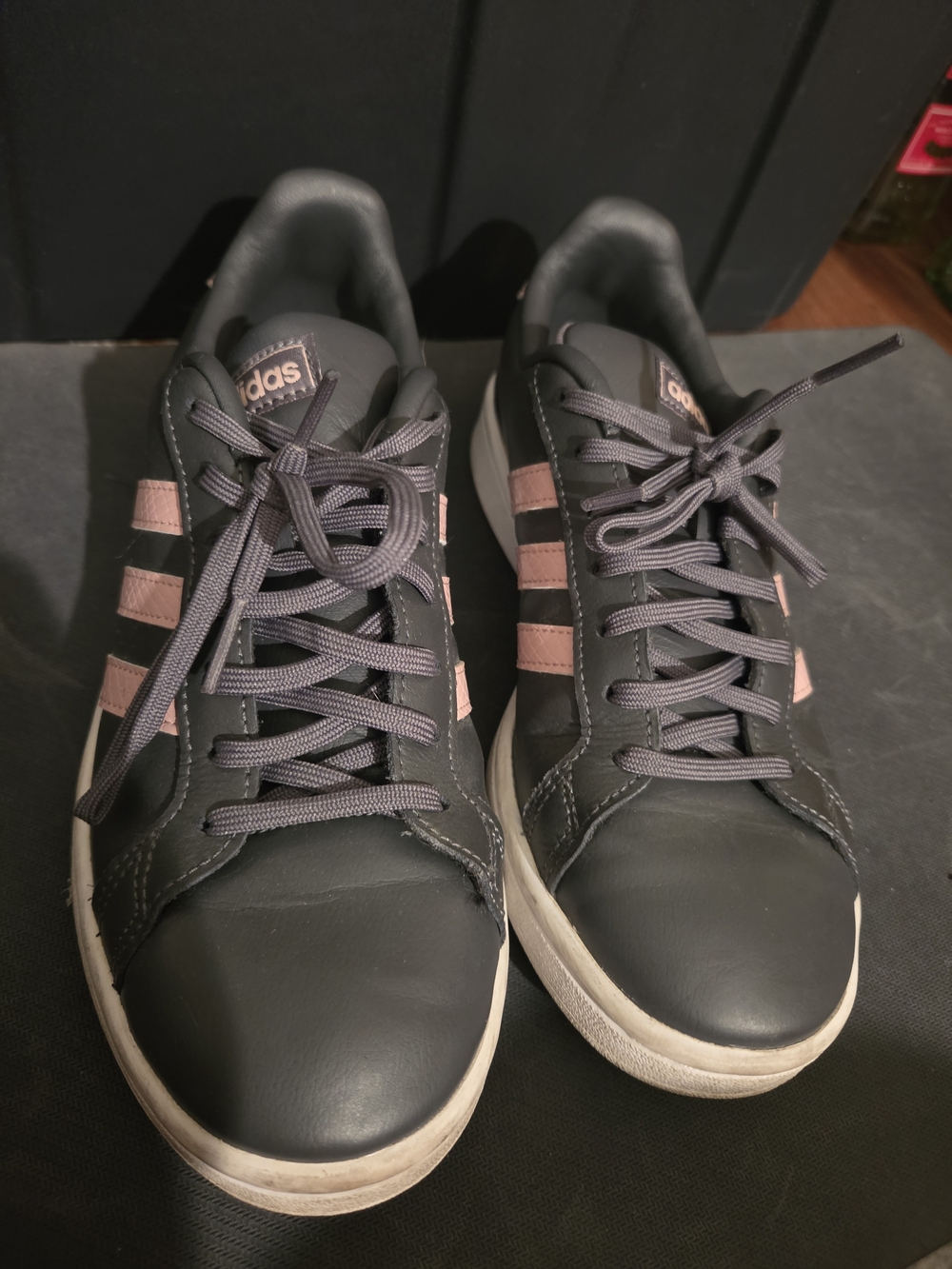 adidas Women's Dark Gray Sneakers with Light Pink Stripes